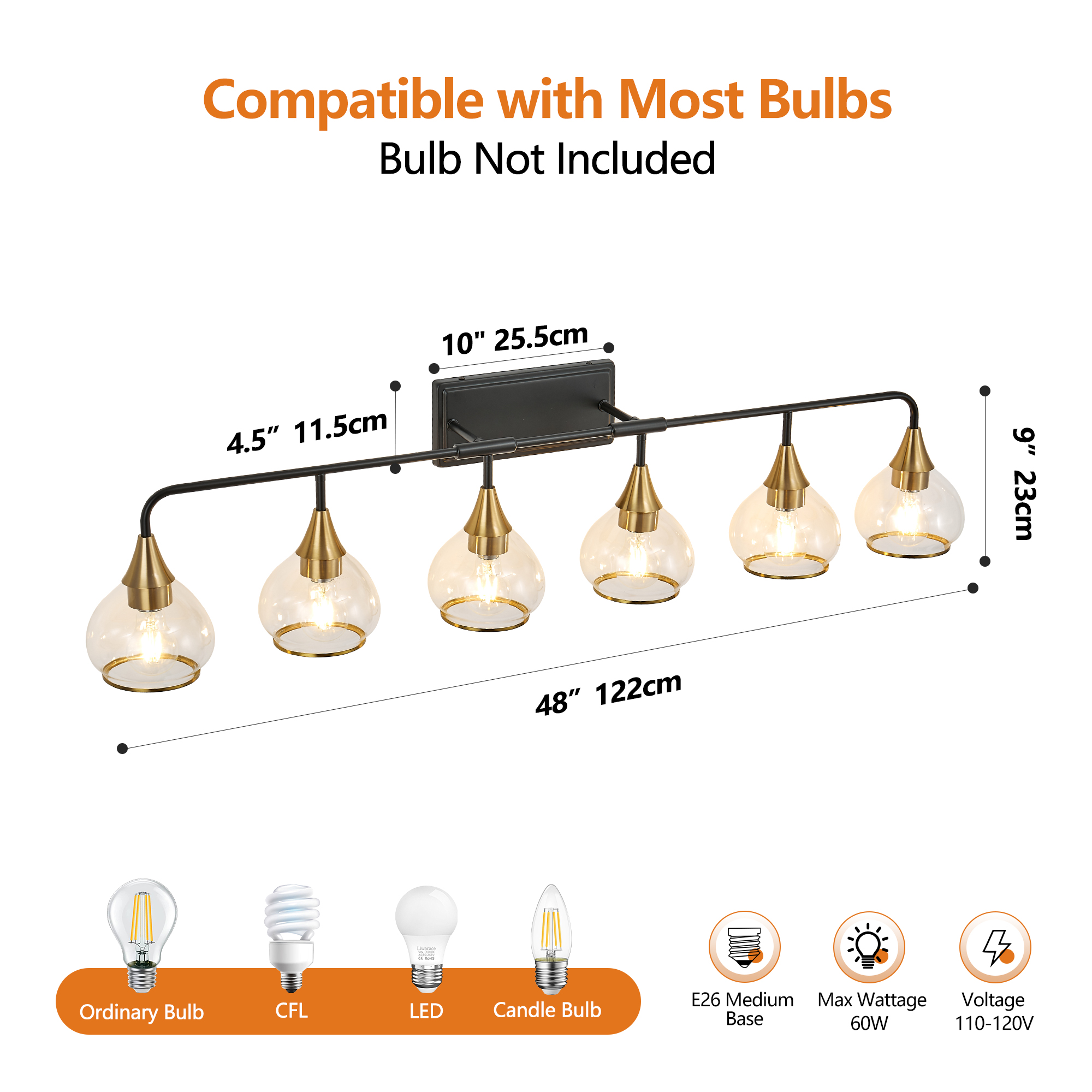 48" Modern 6-Light Vanity Wall Sconce - Black and Gold Bathroom Light Fixture with Clear Glass Shades, Industrial Wall Mounted Lamp for Mirror, Vanity, and Living Spaces (Bulb Not Included) photo 7
