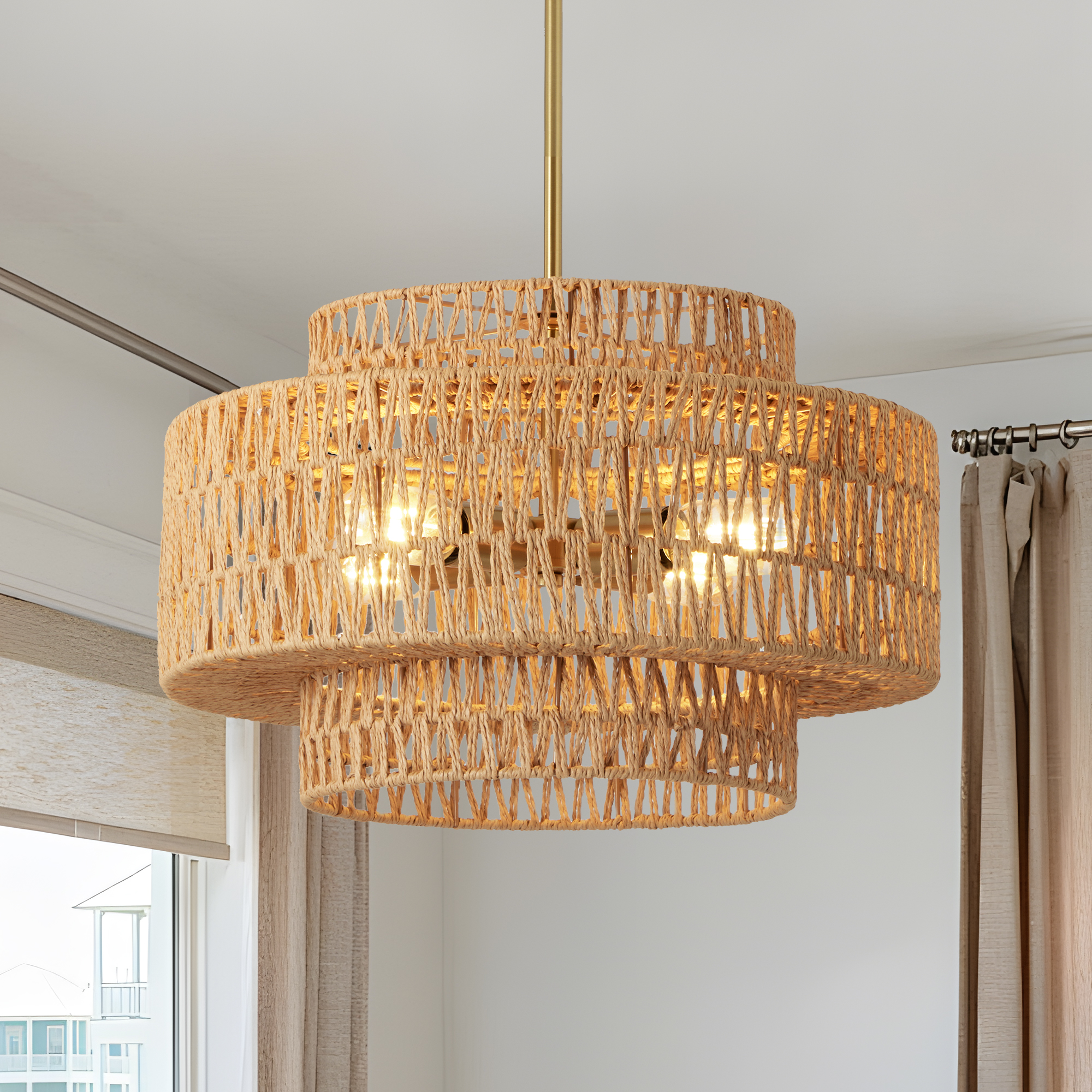 17.7" Boho Rattan Chandelier for Dining Room Light Fixture, 4-Light Hand Woven Wicker Pendant Light Fixture, Farmhouse Rustic Hanging Chandelier for Dining Room, Kitchen Island, Living, Bedroom photo 2
