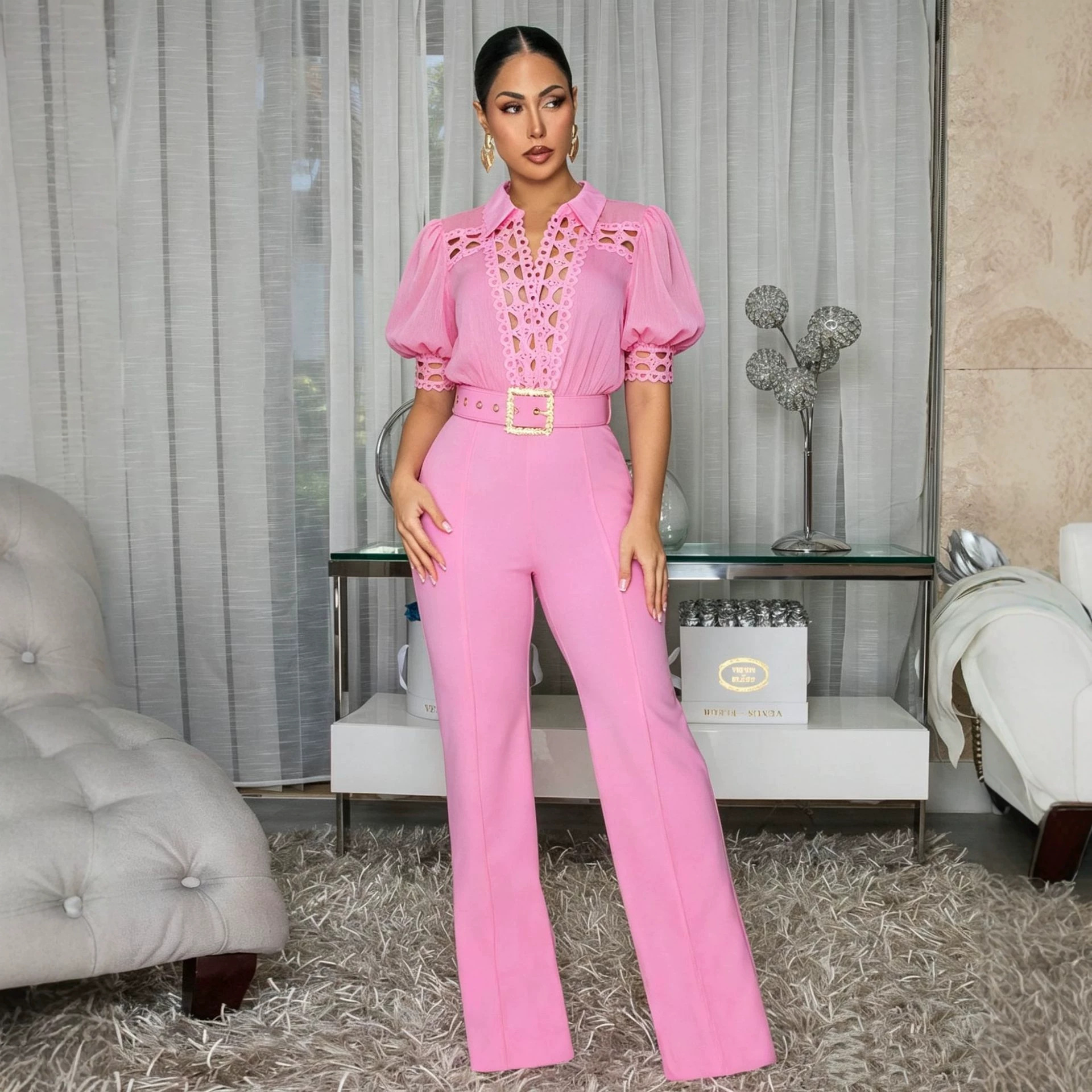 Women's Lace-panelled Lace-up Wide-leg Pants photo 3
