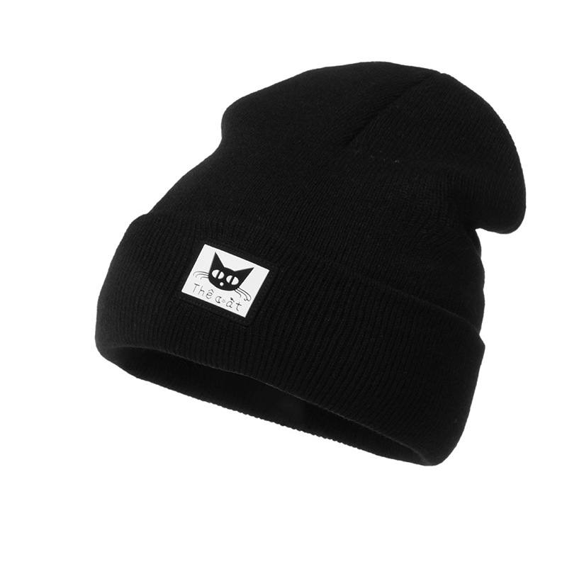 Black Cat Head Decal Skiing Warmth Autumn Winter Knitted Wool Hat photo 1
