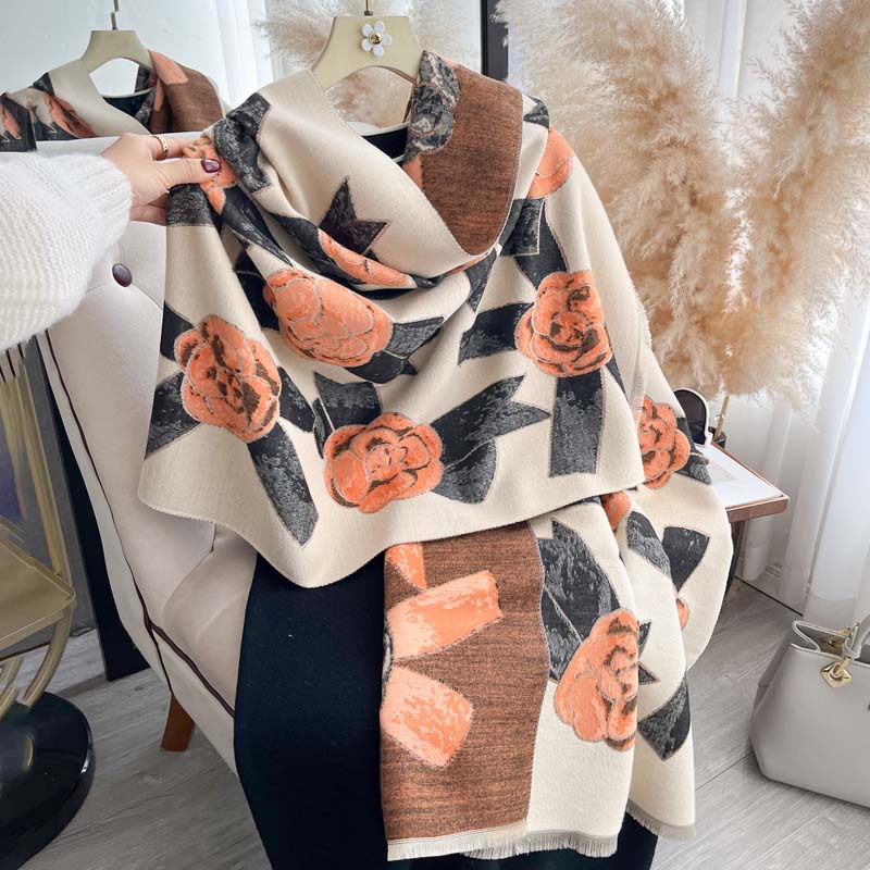 Light-luxury Camellia Bow Shawl Double-sided Thickened Scarf photo 1