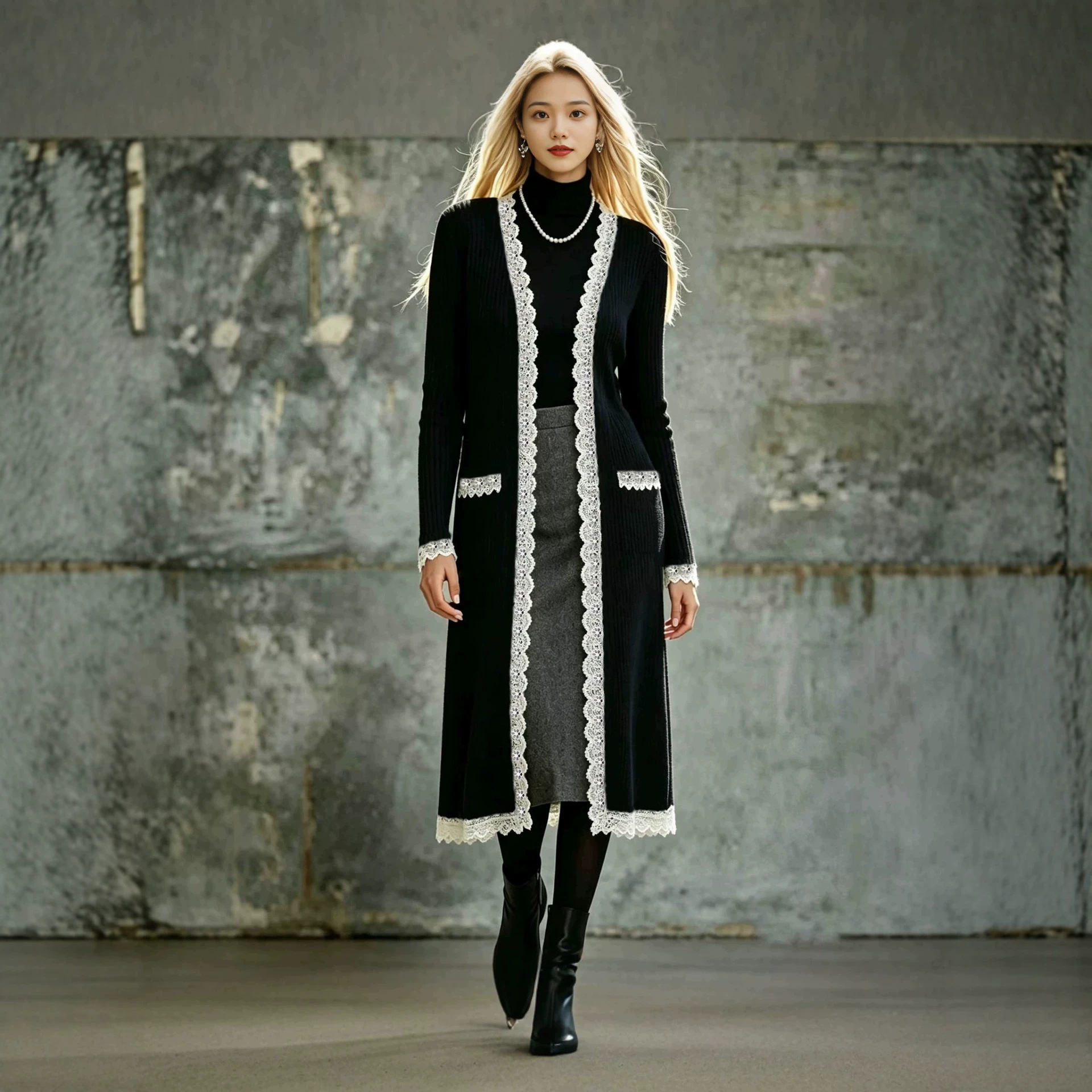 Women's AutumnWinter Knitted Sweater Color-Block Lace Cardigan Coat photo 4