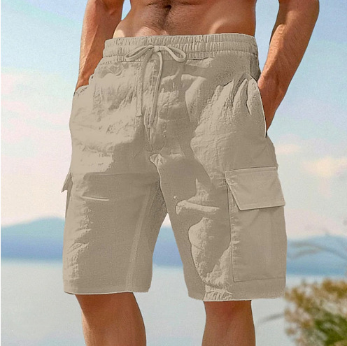Beach Shorts With Elastic Waist Drawstring Multiple Pockets Solid Color photo 1