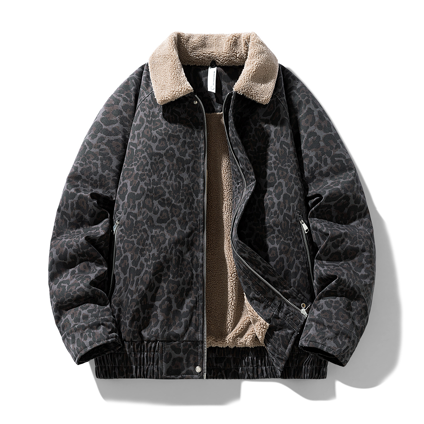Leopard-print American-style Vintage Shearling Lapel Short Padded Warm Cotton Jacket photo 1