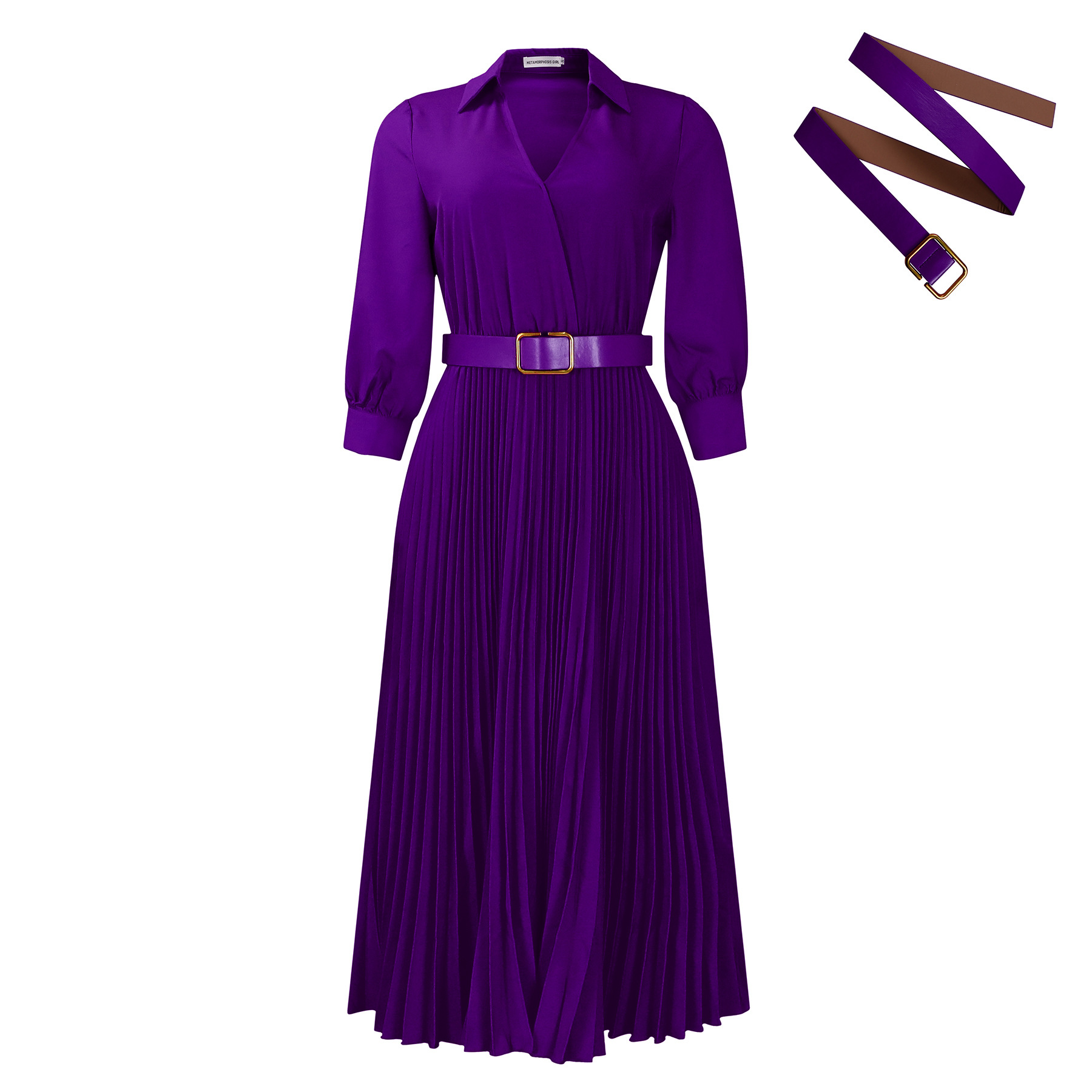 Fashionable V-neck Solid-color Long-sleeved Dress photo 3