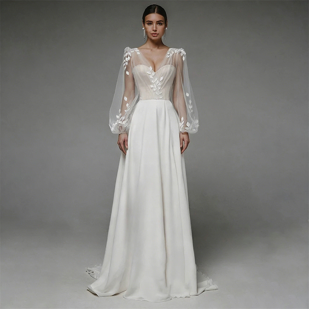 V-neck Sheer Bubble Long-sleeve Three-dimensional Floral Satin Wedding Dress photo 1