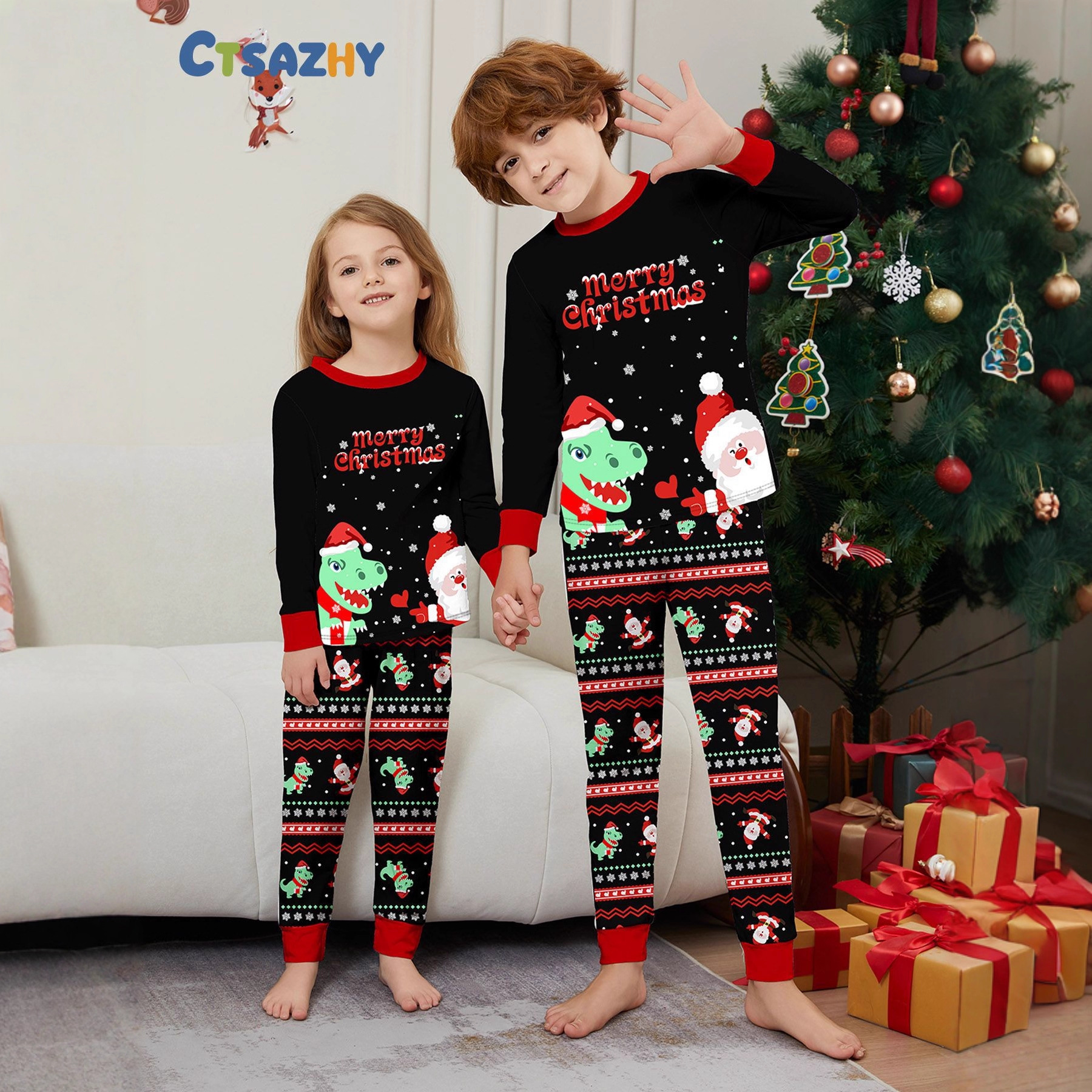 Cartoon Dinosaur Printed Black Pajamas Parent-child Suit photo 5
