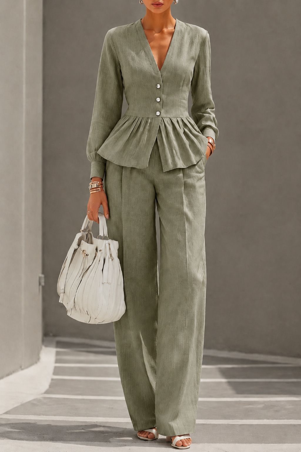 Long-sleeve V-neck Top And Wide-leg Pants Two-piece Set photo 4
