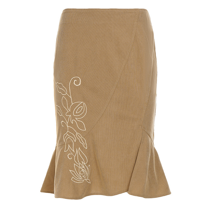 Retro Embroidered Skirt With Ruffled Hem, Bodycon Midi Length photo 2