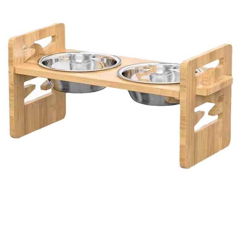 New Bamboo Wood Dogs And Cats Bowl Rack Pet Double Bowl photo 5