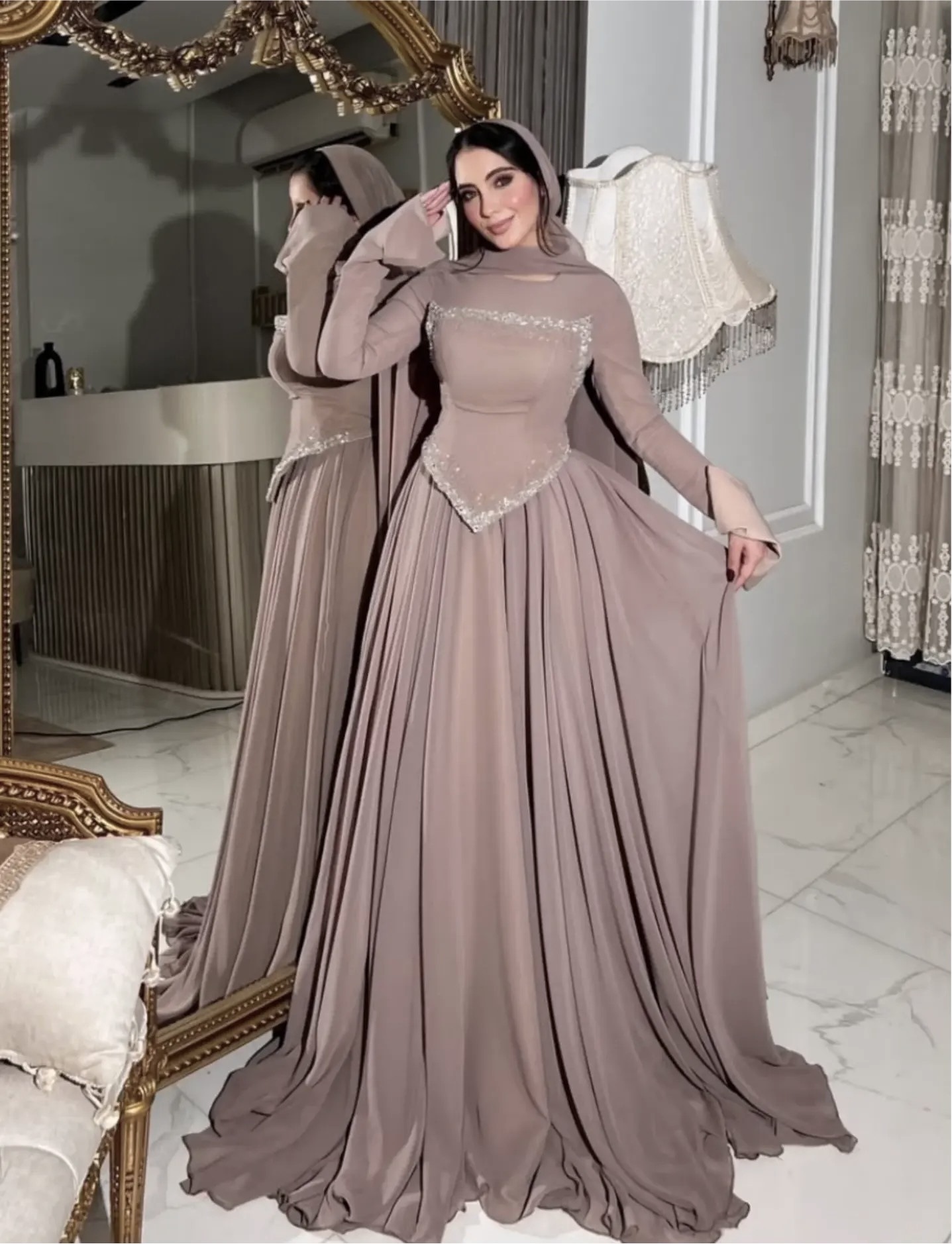 Elegant Long-Sleeve Rhinestone-Embellished Evening Gown photo 4