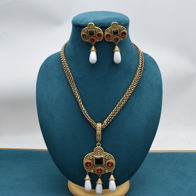 Vintage Glass Inlaid Tassel Pearl Necklace Ear Stud photo 1