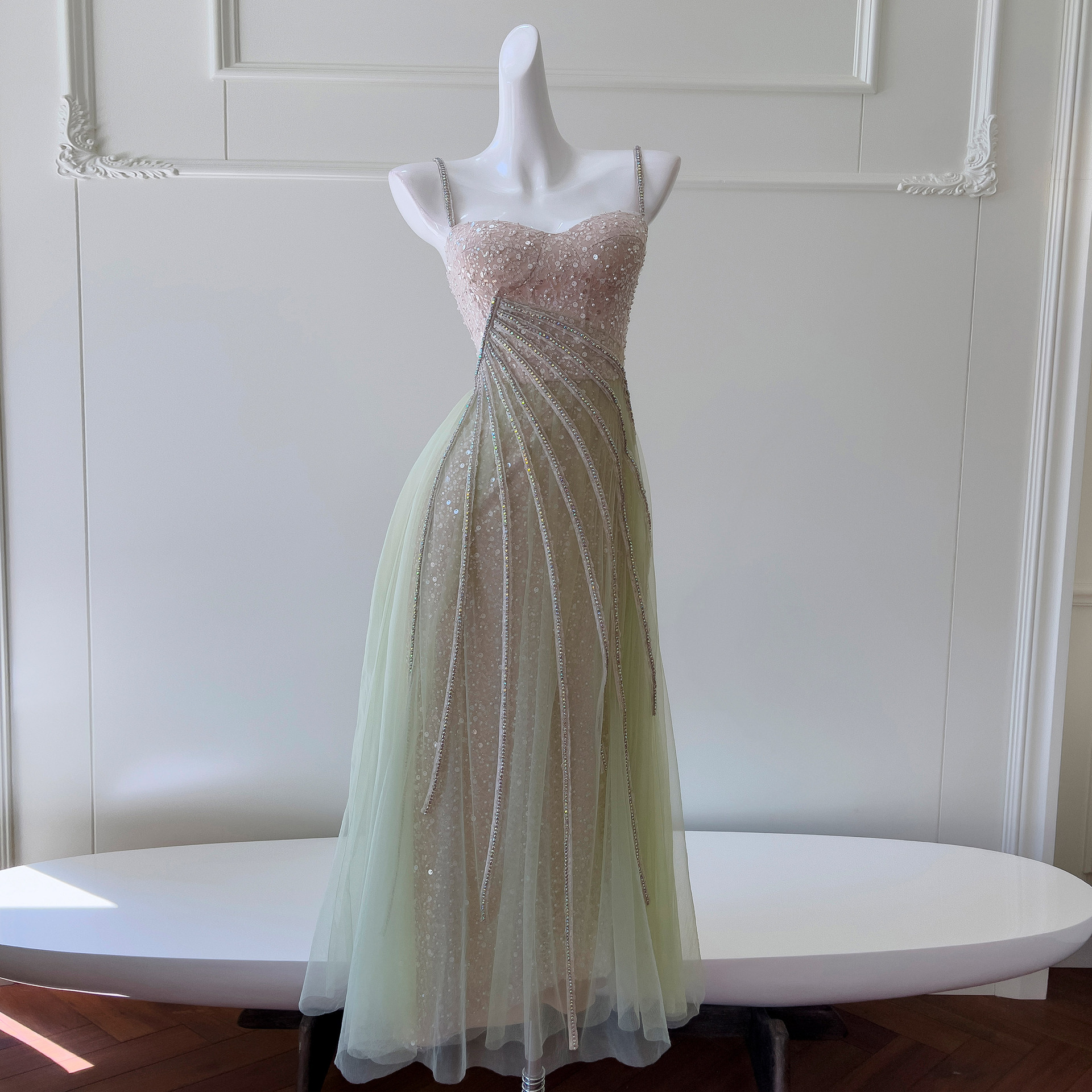 Pale Emerald Green Long-line Waist-cinching Strap Dress photo 1