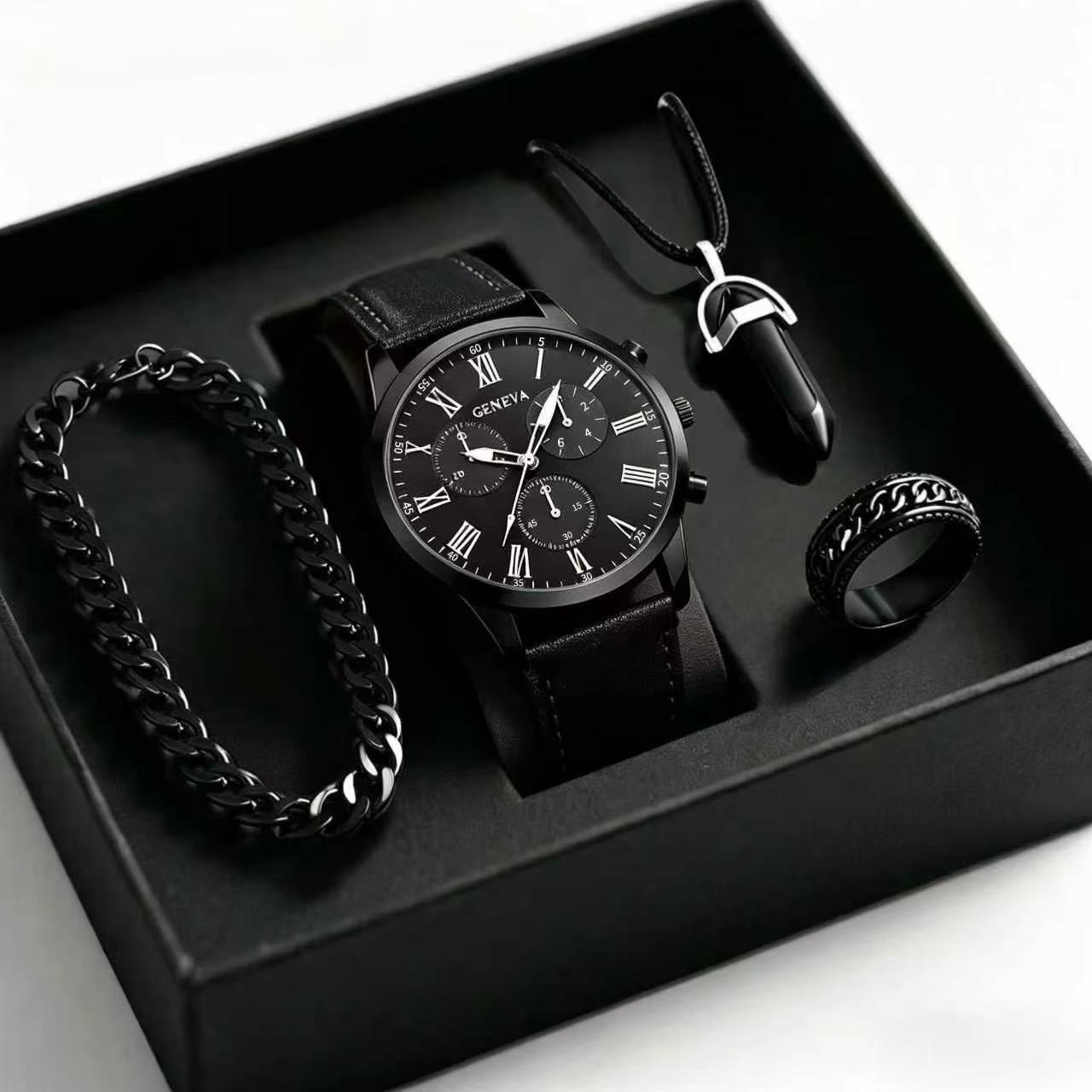 Mens Quartz Watch Necklace Bracelet Set photo 2
