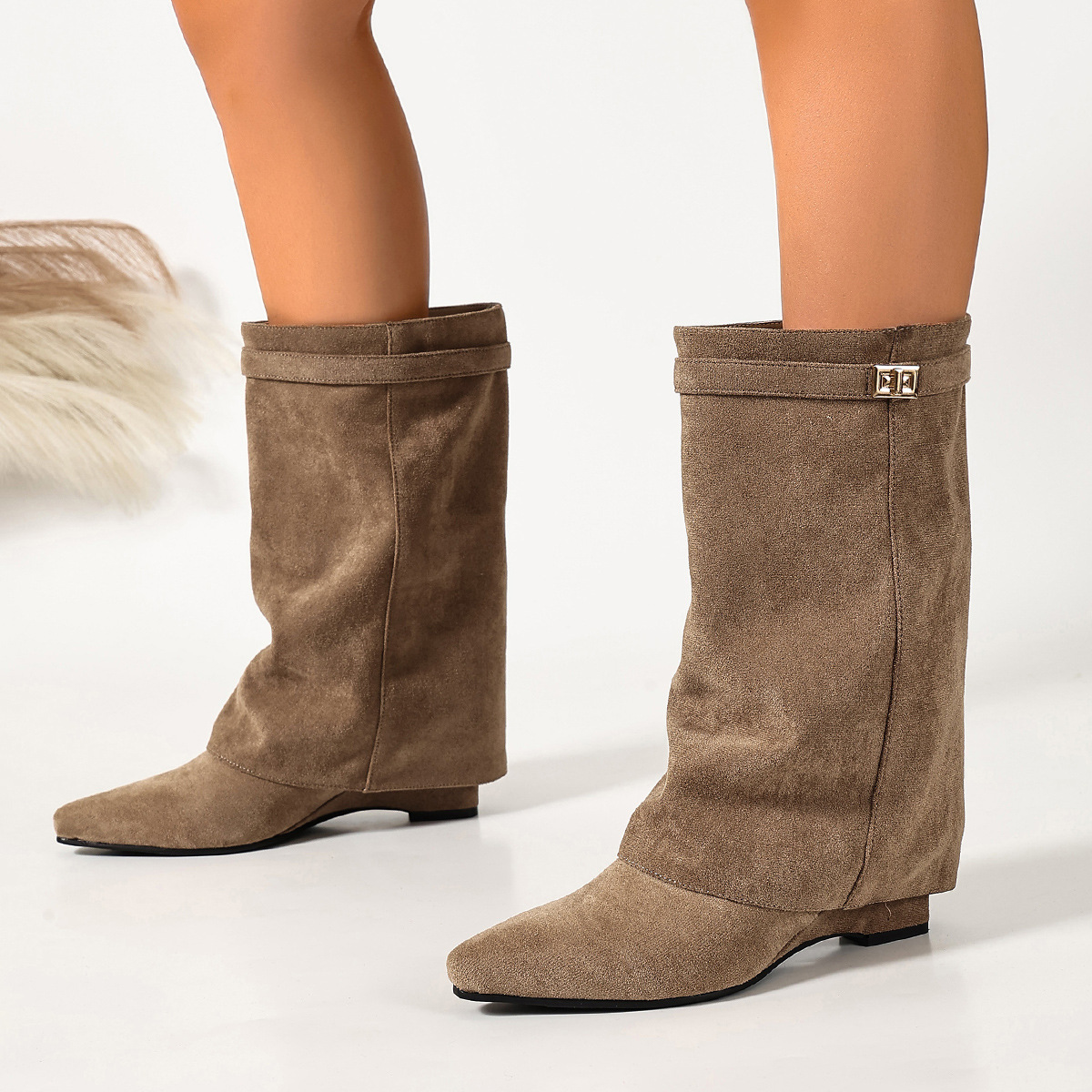 European And American-style Suede High-heeled Boots With A Tapered Leg Metal Buckles Pointed Toe And Pleated Detailing photo 1