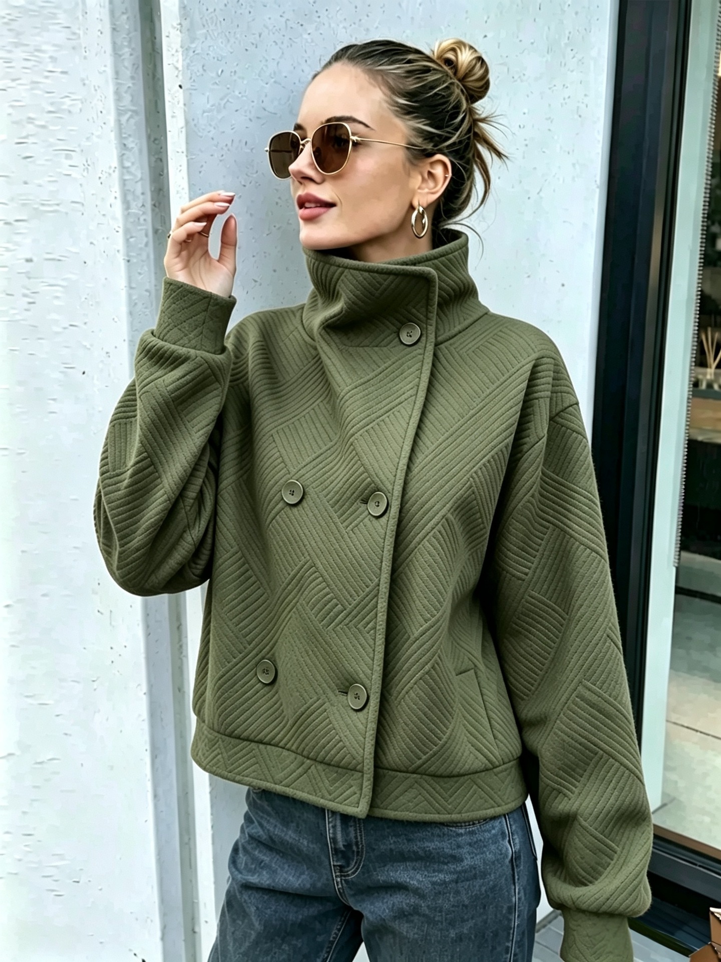 Women's Buttoned Turtleneck Double-breasted Lapel Coat photo 2