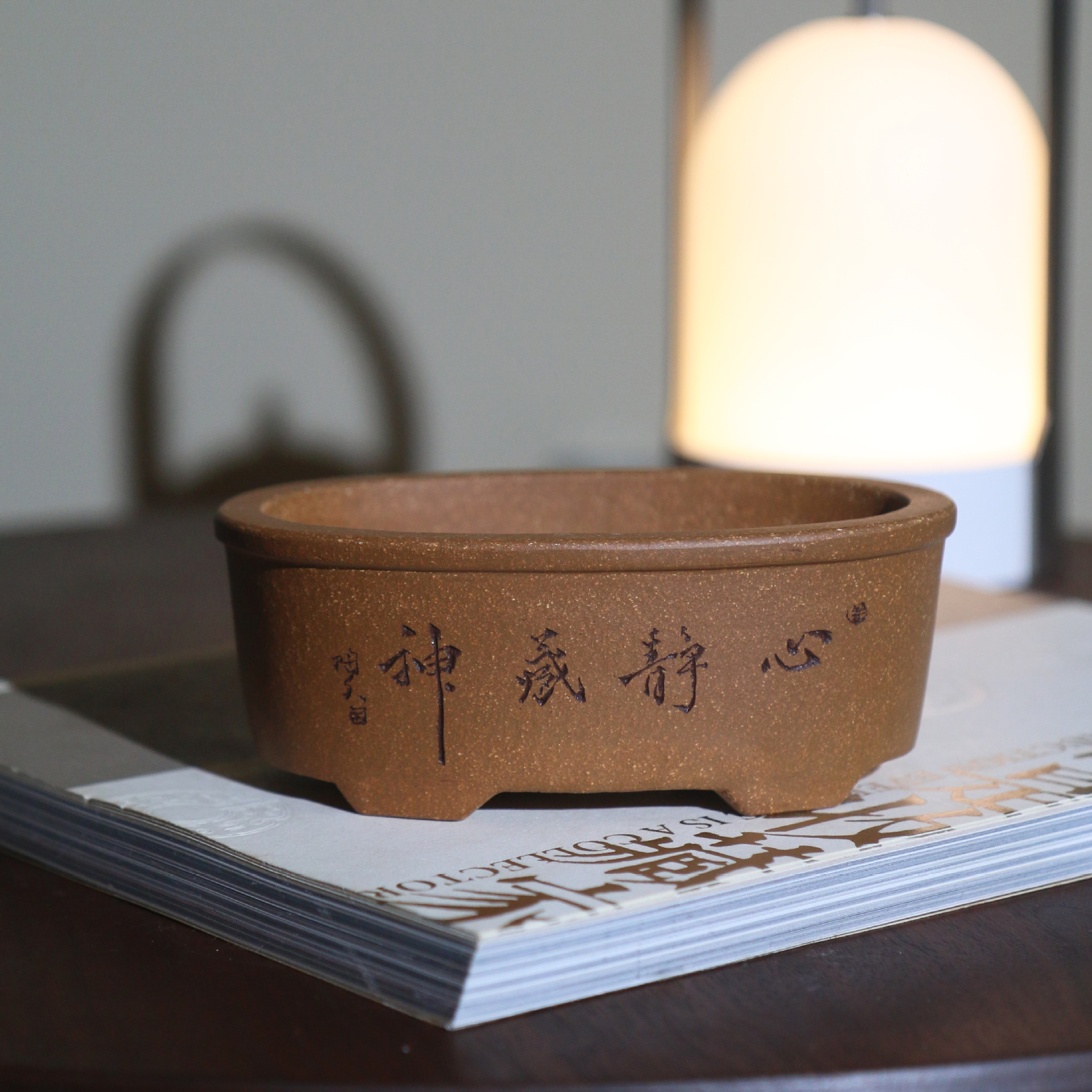 Oval Hand-engraved Dihua Clay Desktop Yixing Flower Pot photo 5