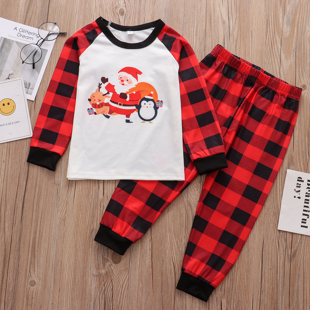 European And American Parent-child Suit Cartoon Santa Claus Printed Plaid Pants Homewear photo 6