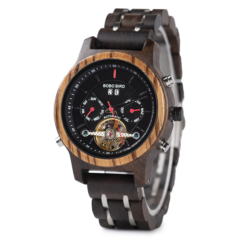 Business Flywheel Mechanical Multi-function Wooden Watch photo 8