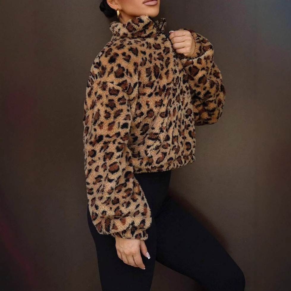 Leopard-print Faux Fur Short Jacket Hoodie For Women photo 2