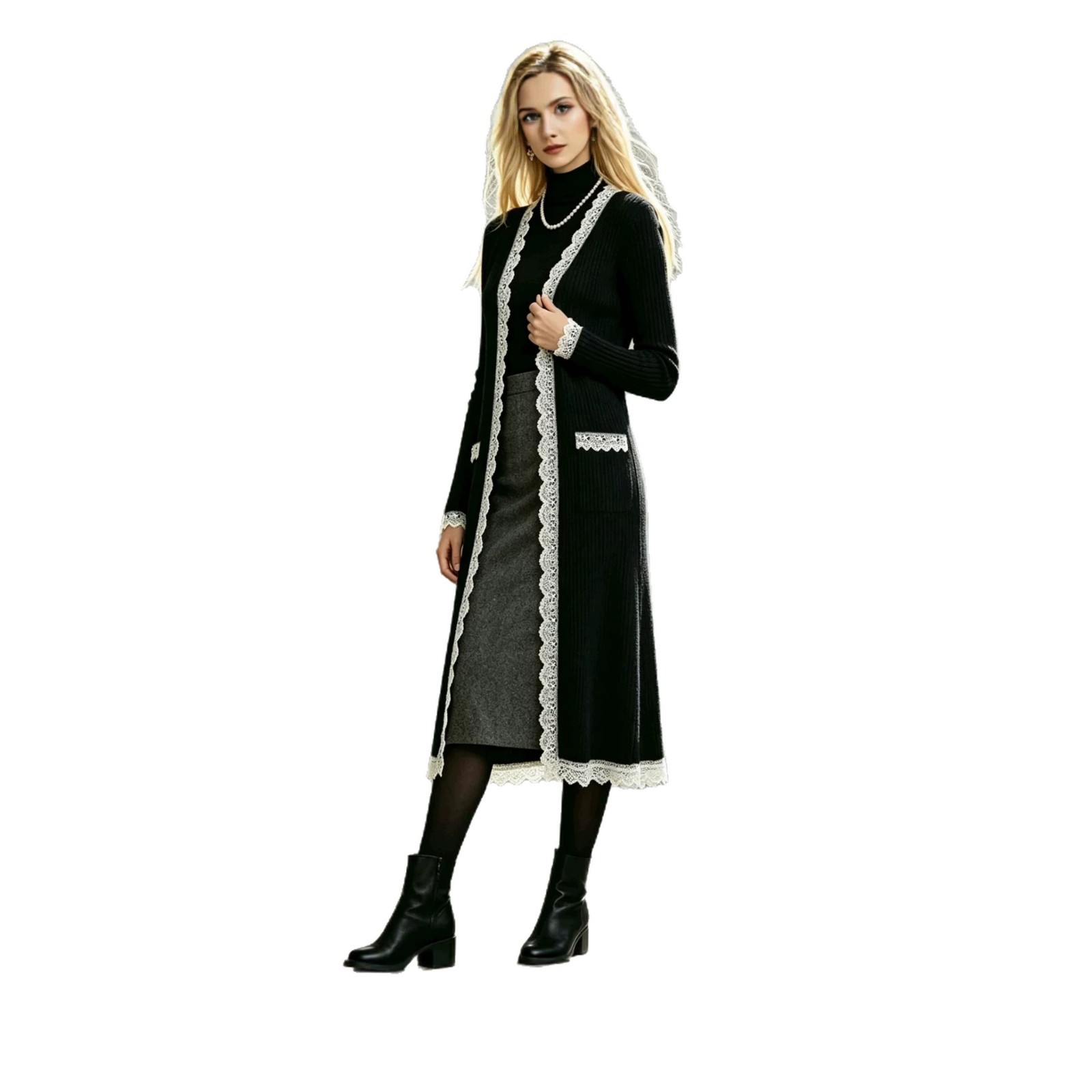 Women's AutumnWinter Knitted Sweater Color-Block Lace Cardigan Coat photo 5