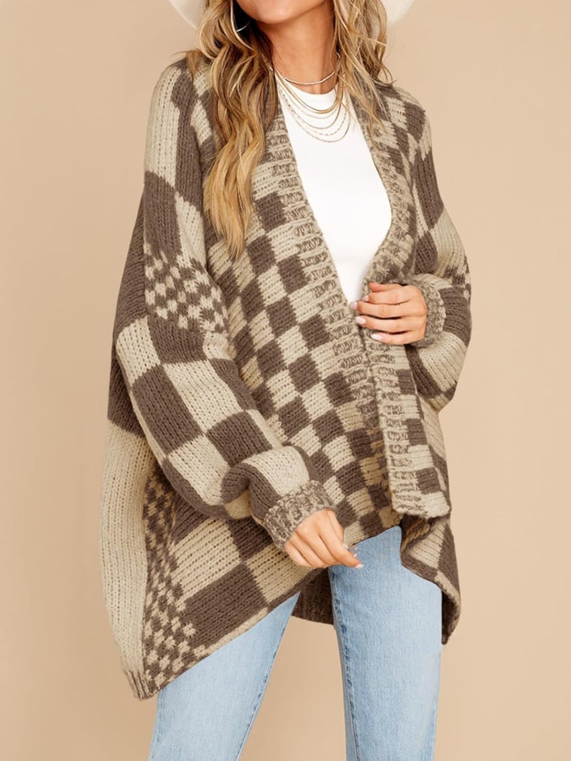 High-end Large-check Color-block Knit Cardigan photo 3