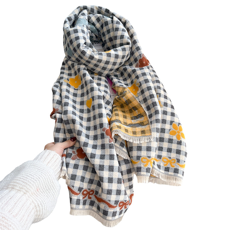 Women's Double-Sided Jacquard Bow-Knot AutumnWinter Floral ShawlScarf photo 6