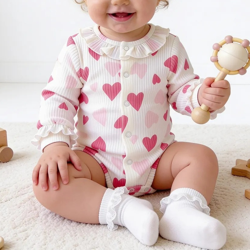 Baby Girl Cotton Ribbed Romper With Heart Print photo 1