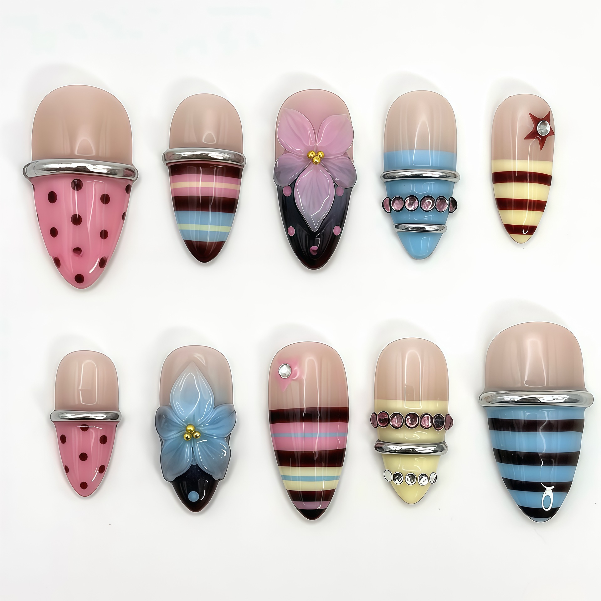 3D Flower Striped Wearable Nails Nail Art Stickers photo 1