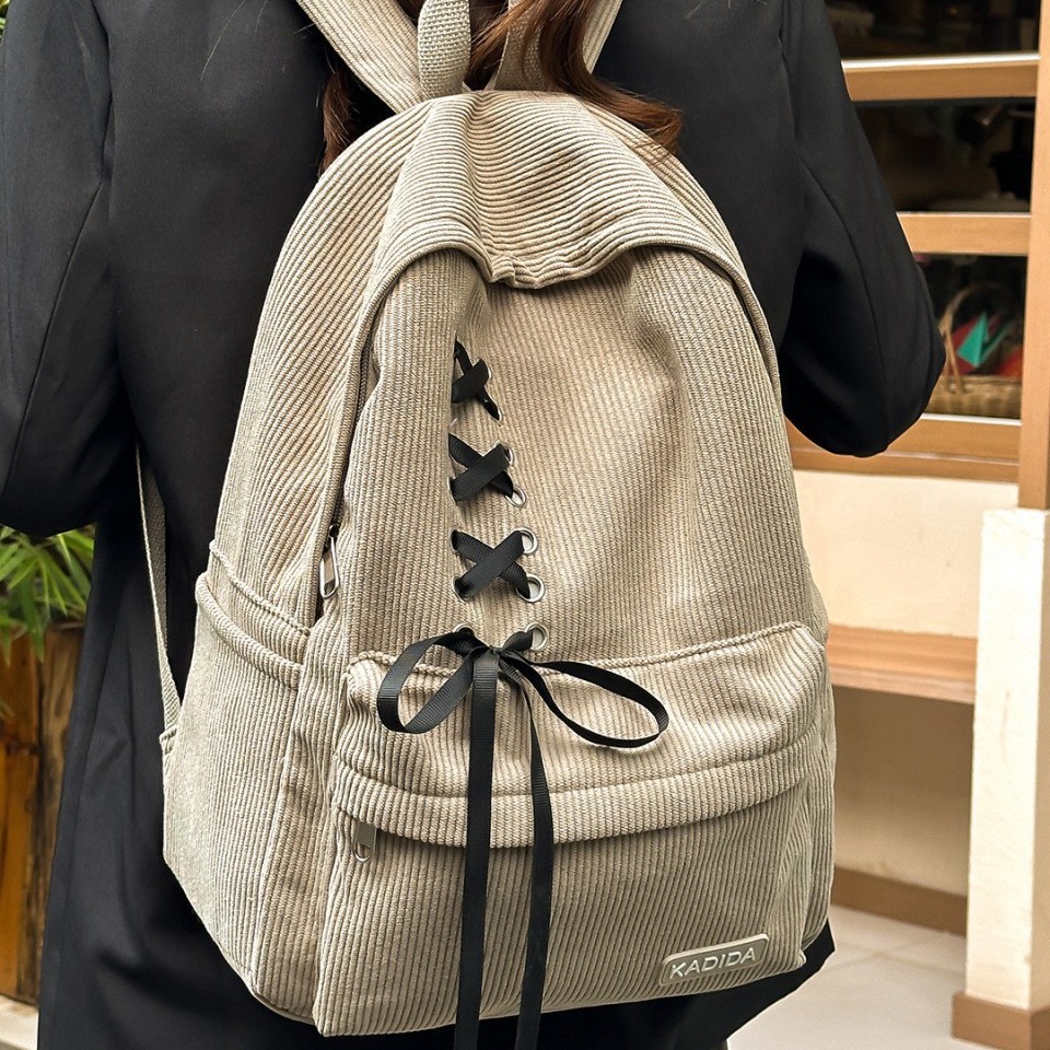 Large Corduroy Bowknot Backpack Casual Travel Polyester Fabric photo 2