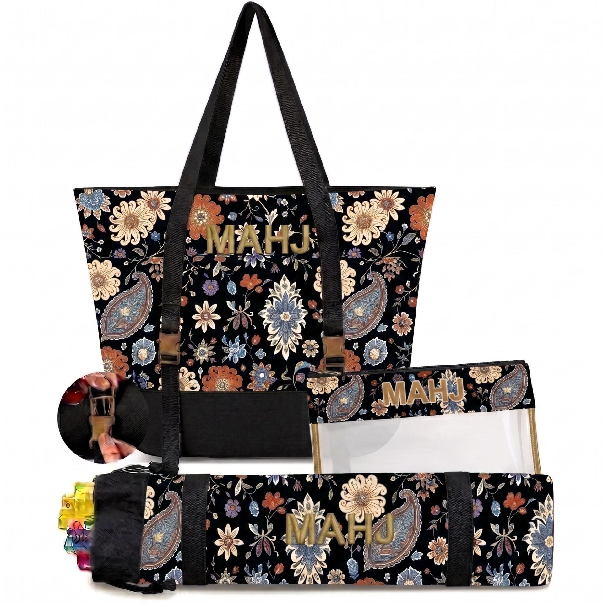 Retro Paisley Floral Embroidered Mahjong Storage Three-Piece Makeup Bag Set photo 2