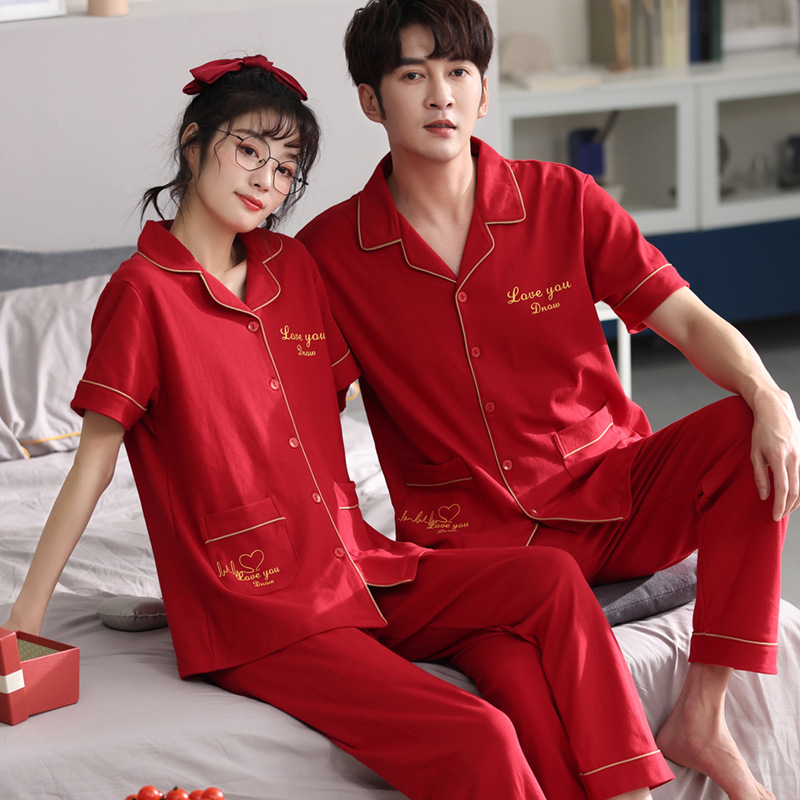 Couple Pajamas Men's Cotton Red Animal Year Trousers Short Sleeve Home Clothes Set photo 2