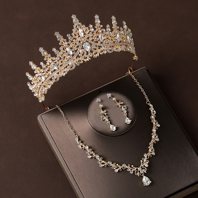 Crown Headdress Necklace Earrings Champagne Gold Vintage photo 7