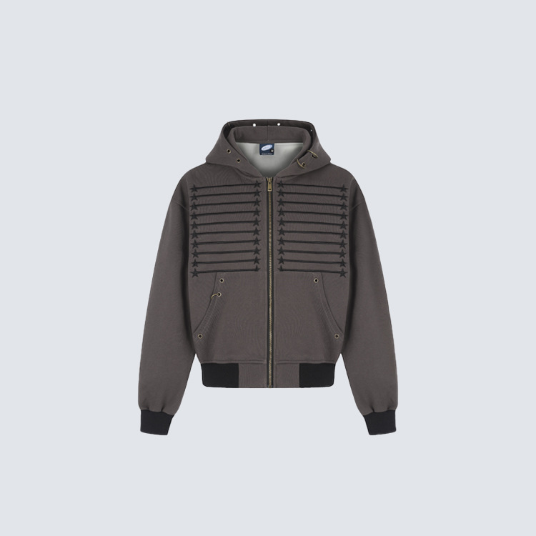 Hooded Cardigan Short-length Zip-up Sweatshirt With Star Embroidery photo 1
