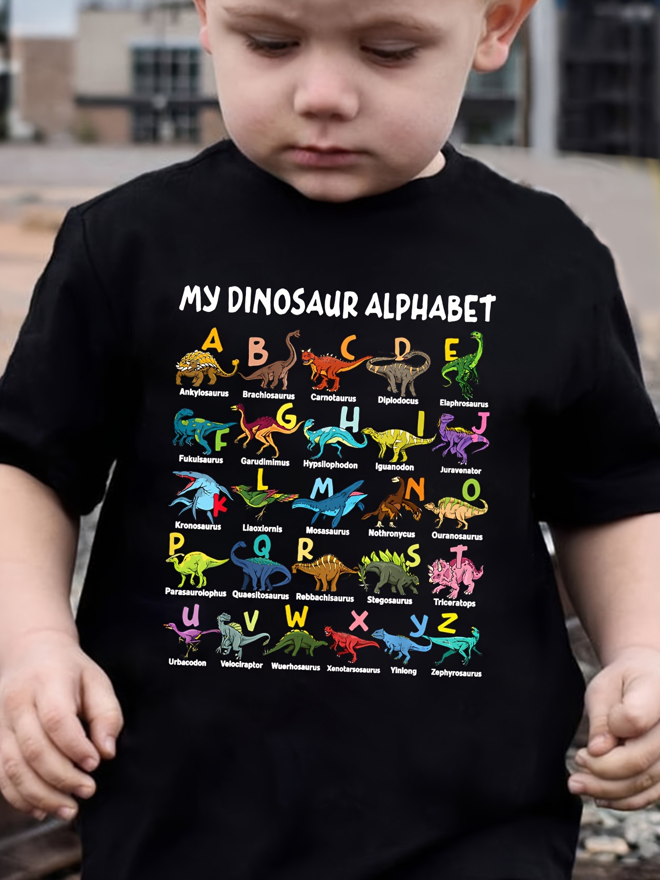 Boys Fashionable Short-sleeved Casual Top With A Dinosaur-themed 26-letter Print photo 2