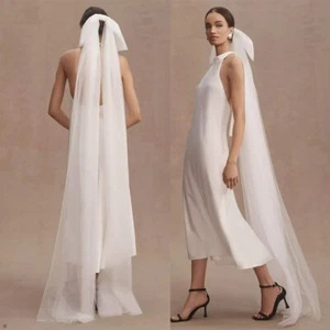 New Minimalist White Double-layer Tulle Bridal Veil With A Bow photo 2