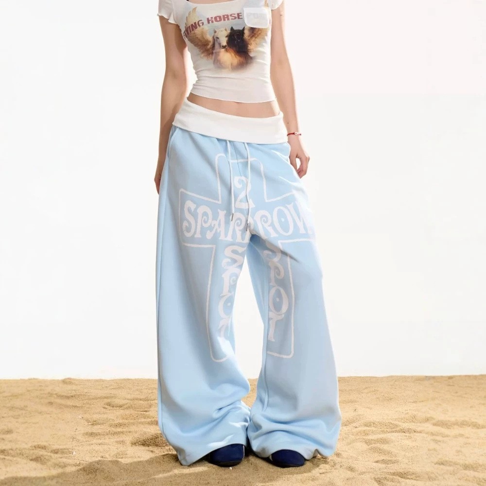 Vintage Letter Print Drawstring Wide Leg Cotton Sweatpants photo 2