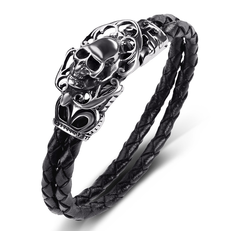 Men's Genuine Leather Double-strand Bracelet With Titanium Steel photo 7