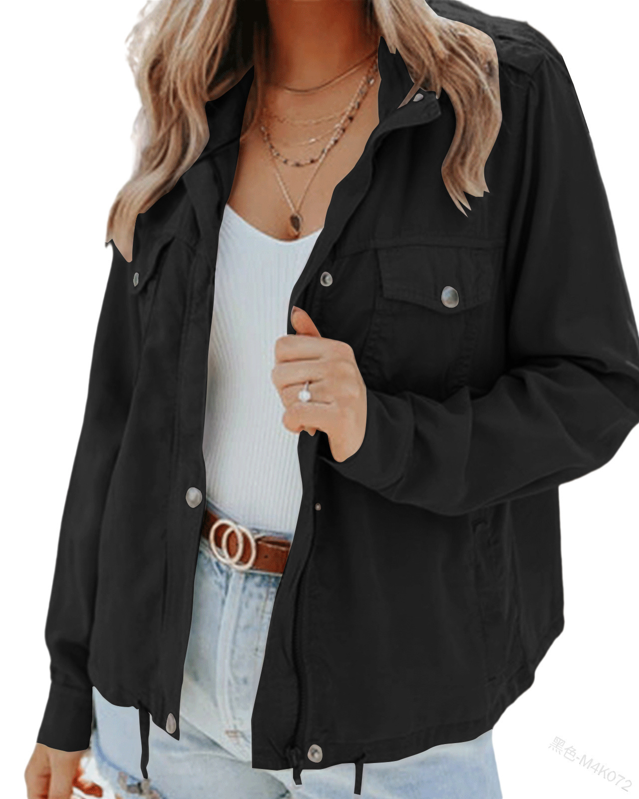 Dark-button Long-sleeved Pocket Drawstring Jacket photo 3