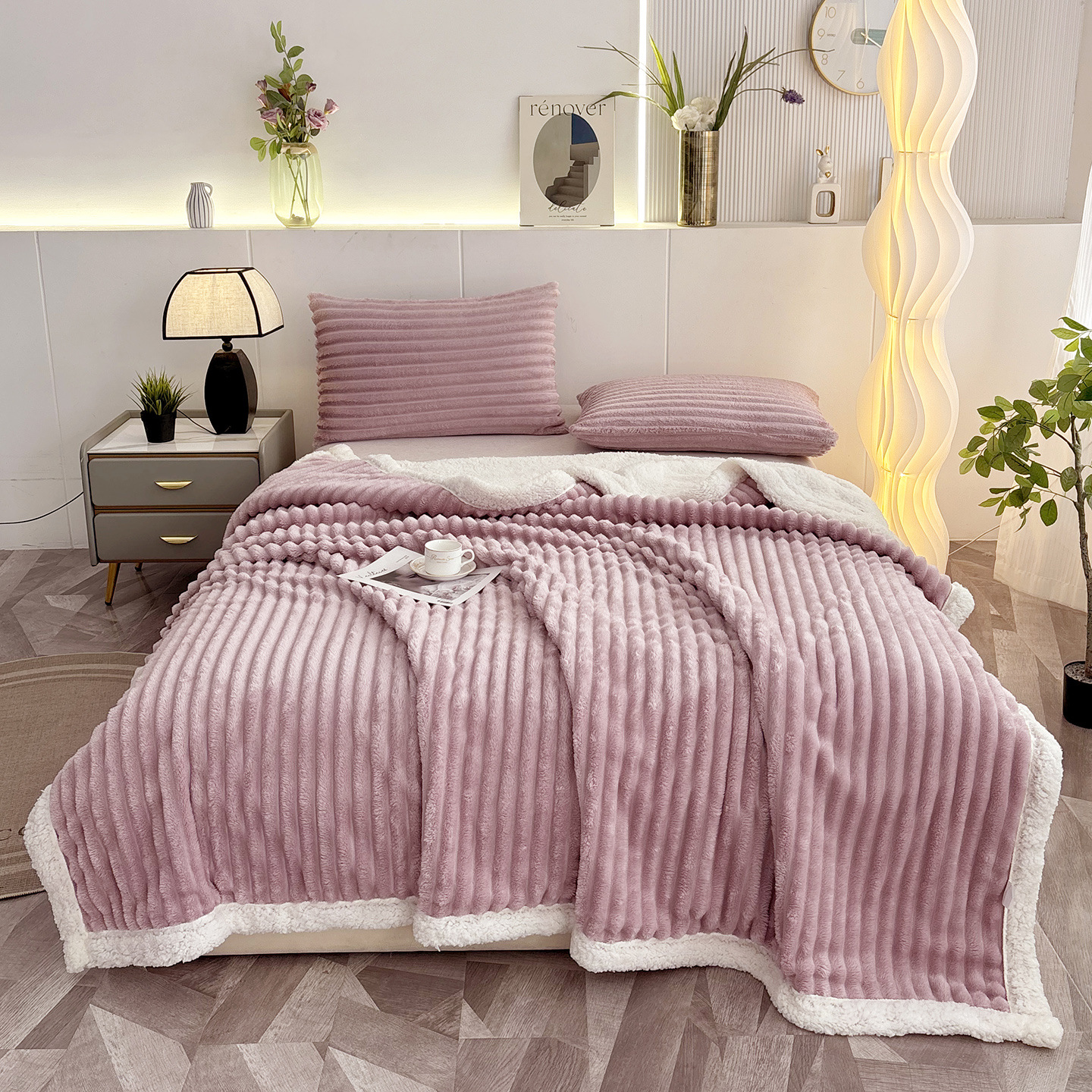 New Double-layer Striped Lambswool Flannel Blanket photo 5
