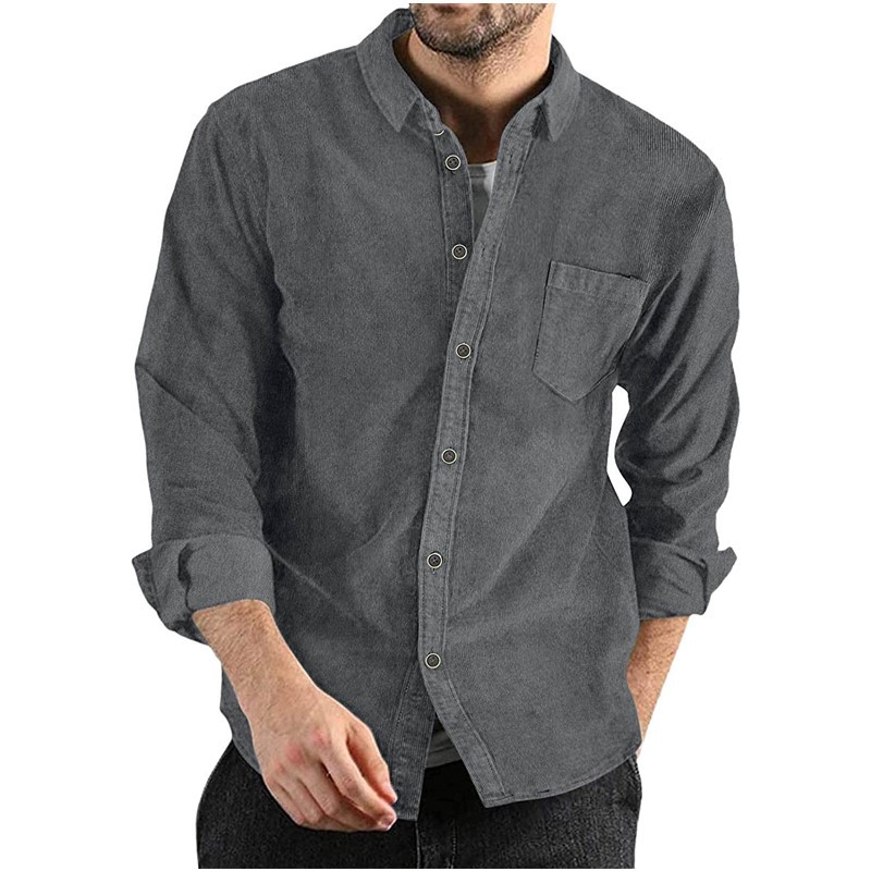 Corduroy Lapel-button Loose-fit Mens Long-sleeve Shirt photo 7