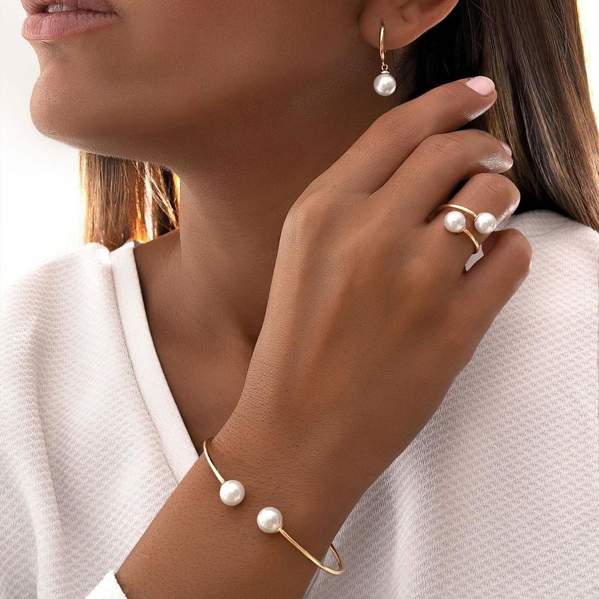 New Pearl Open Earrings Bracelet Ring Jewelry Set photo 1