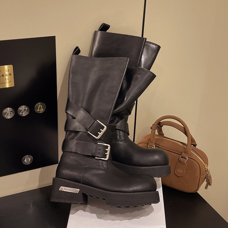 High Top Retro Boots Belt Buckle Biker Chunky Heel photo 5
