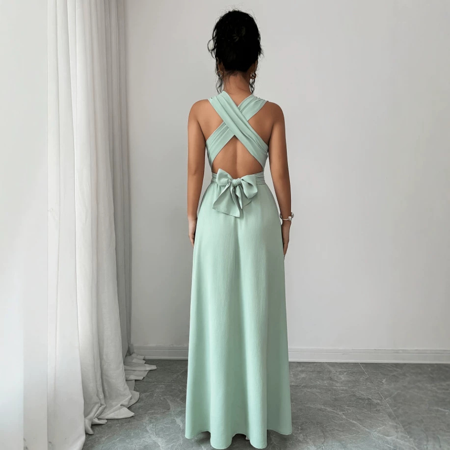Elegant Solid-Color V-Neck Bow Long Dress For Women photo 3