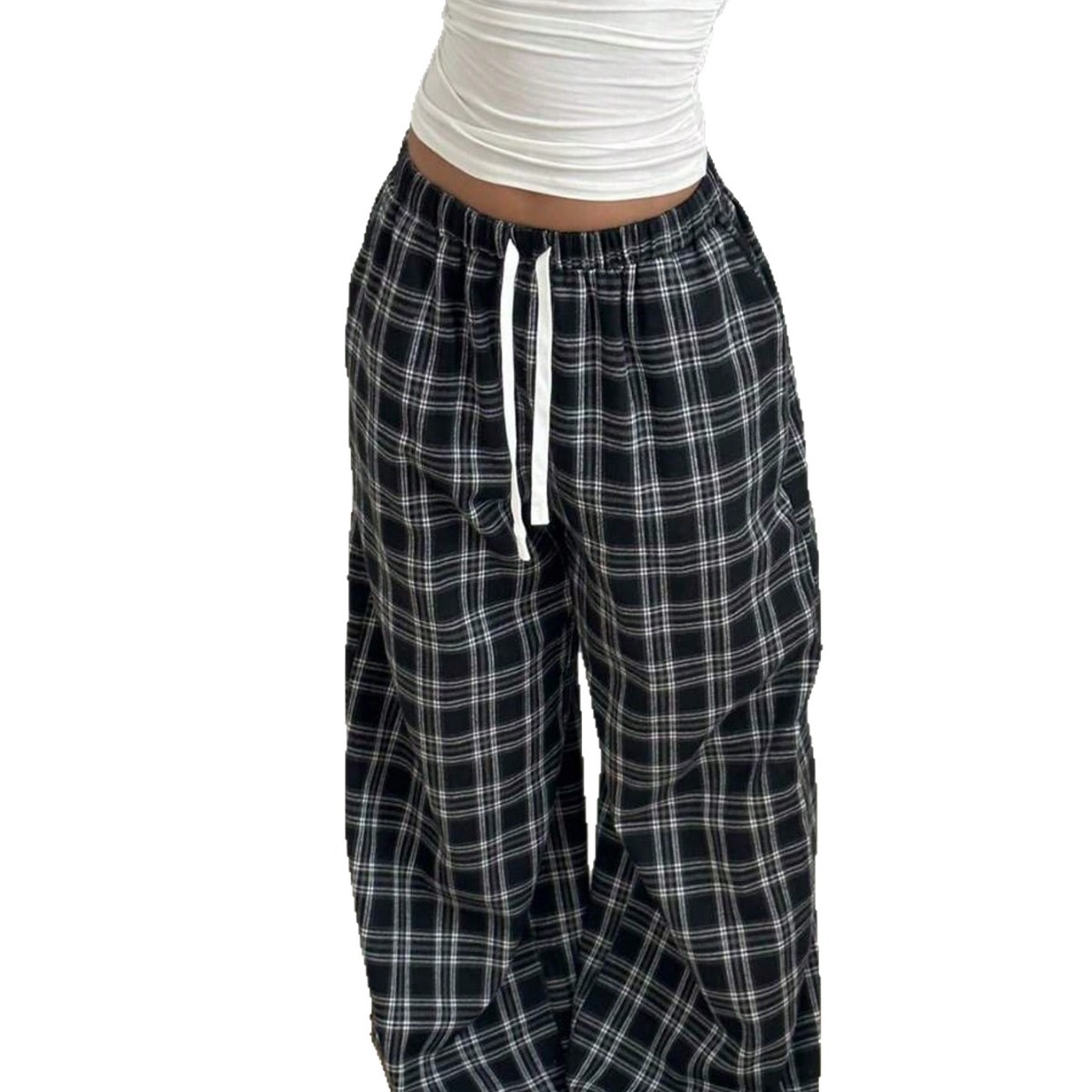 Women's Plaid Casual High-Waisted Wide-Leg Pants With Drawstring photo 5
