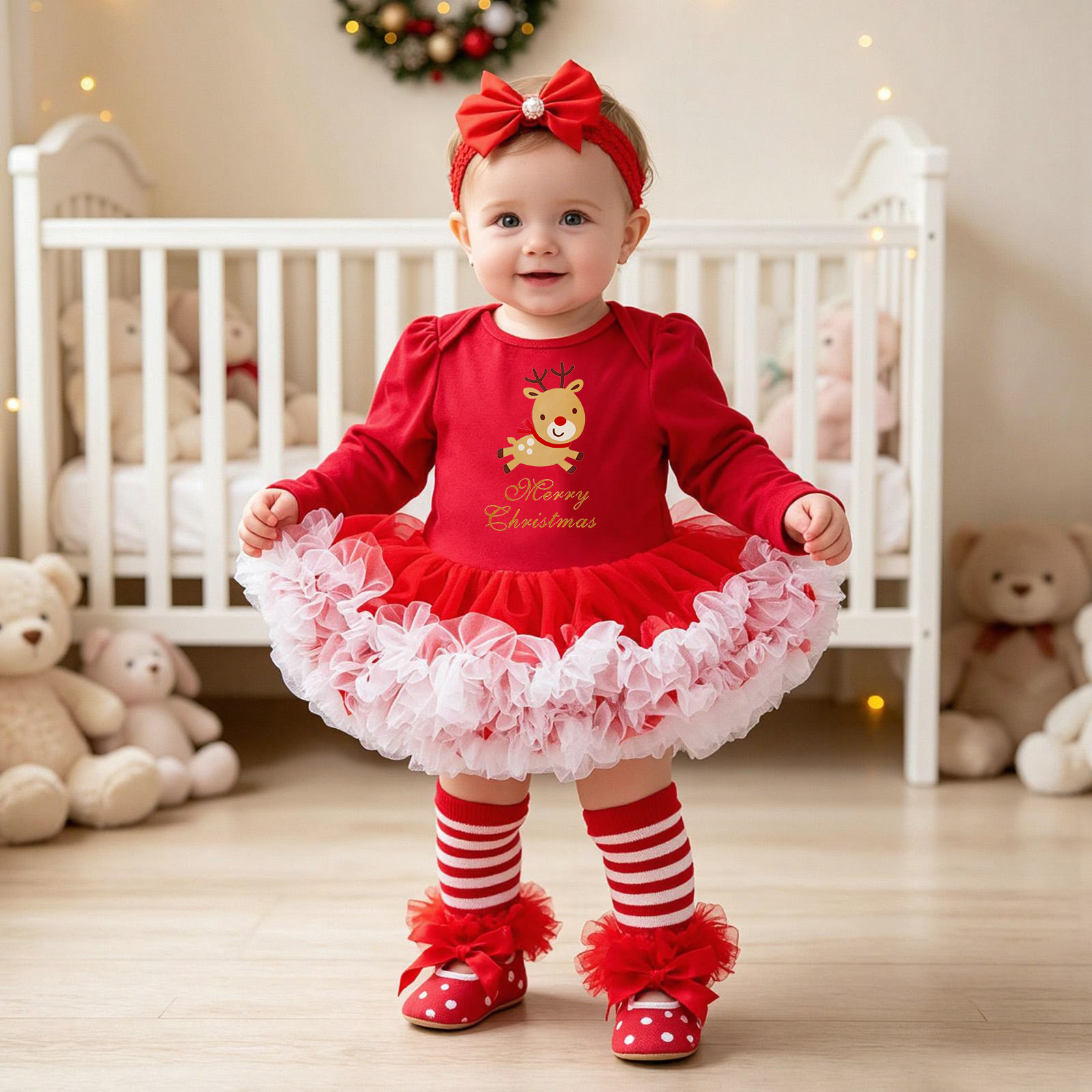 Baby Christmas Long-sleeve Cartoon Romper Dress Red Tulle One-piece Outfit Four-piece Set photo 6
