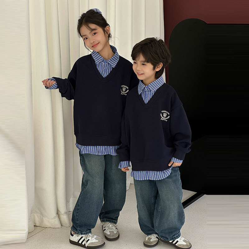 Kids FallWinter Patchwork Polo-Neck Sweater Heavyweight Coordinating Parent-ChildSibling Matching Sets For Boys And Girls photo 2