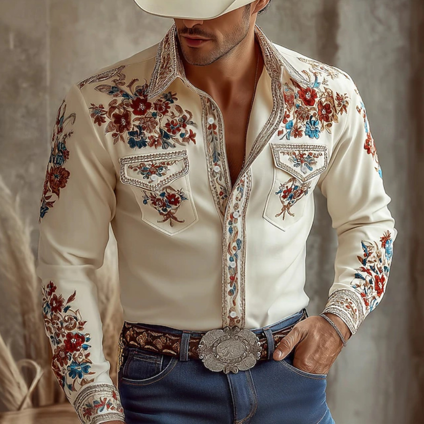 Western Cowboy Style Men's Spring And Autumn Long Sleeve Shirt Stand Collar Shirt photo 2