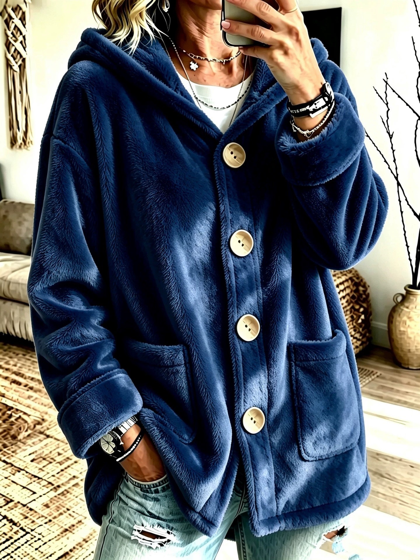 Hooded Velvet Outerwear Loose-fitting Cardigan Top photo 5