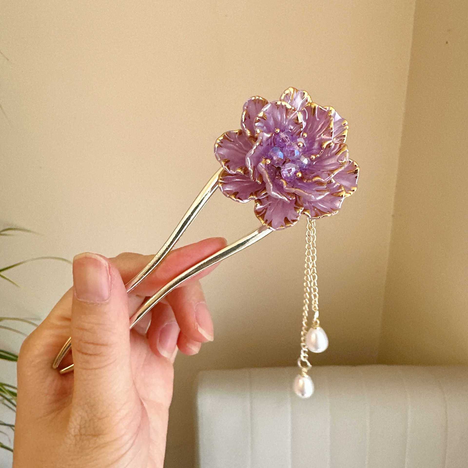 Female Retro Exquisite Peony Flower Tassel U-shaped Hairpin photo 2